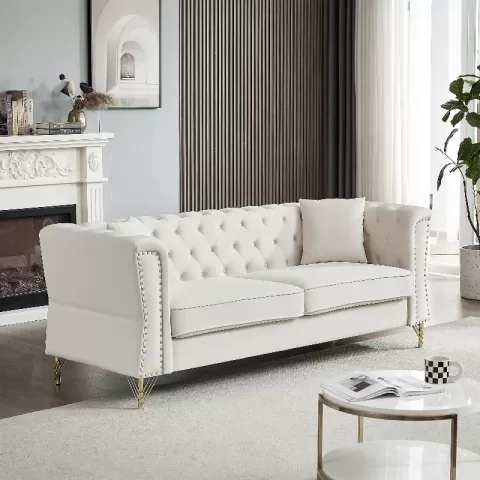 81.8 Chesterfield Sofa Grey Velvet For Living Room, 3 Seater Sofa Tufted Couch With Metal Foot And Nailhead For Living Room, Bedroom, Office, Apartment, Two Pillows 10