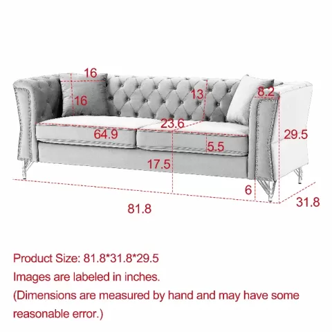 81.8 Chesterfield Sofa Grey Velvet For Living Room, 3 Seater Sofa Tufted Couch With Metal Foot And Nailhead For Living Room, Bedroom, Office, Apartment, Two Pillows 13