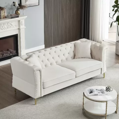 81.8 Chesterfield Sofa Grey Velvet For Living Room, 3 Seater Sofa Tufted Couch With Metal Foot And Nailhead For Living Room, Bedroom, Office, Apartment, Two Pillows 2