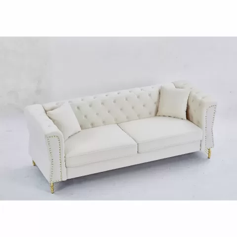81.8 Chesterfield Sofa Grey Velvet For Living Room, 3 Seater Sofa Tufted Couch With Metal Foot And Nailhead For Living Room, Bedroom, Office, Apartment, Two Pillows 3