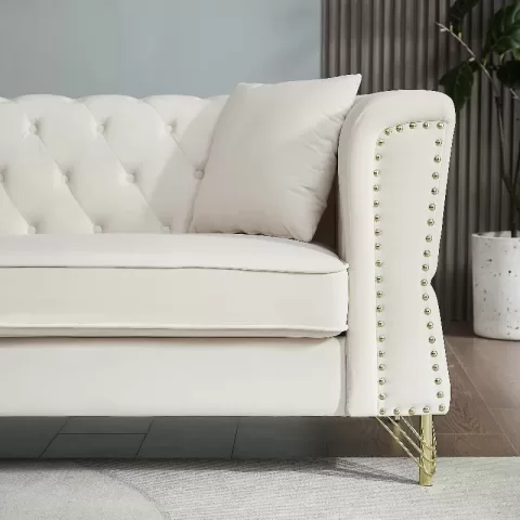 81.8 Chesterfield Sofa Grey Velvet For Living Room, 3 Seater Sofa Tufted Couch With Metal Foot And Nailhead For Living Room, Bedroom, Office, Apartment, Two Pillows 4