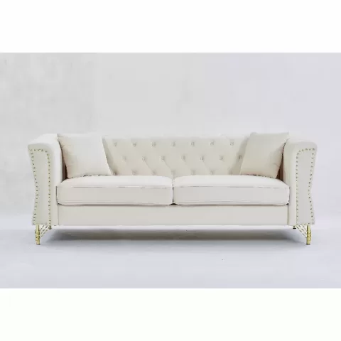 81.8 Chesterfield Sofa Grey Velvet For Living Room, 3 Seater Sofa Tufted Couch With Metal Foot And Nailhead For Living Room, Bedroom, Office, Apartment, Two Pillows 5