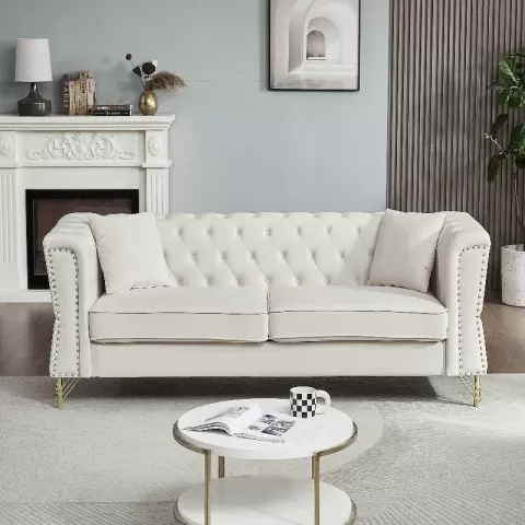 81.8 Chesterfield Sofa Grey Velvet For Living Room, 3 Seater Sofa Tufted Couch With Metal Foot And Nailhead For Living Room, Bedroom, Office, Apartment, Two Pillows 6