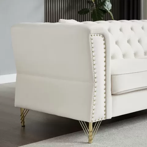 81.8 Chesterfield Sofa Grey Velvet For Living Room, 3 Seater Sofa Tufted Couch With Metal Foot And Nailhead For Living Room, Bedroom, Office, Apartment, Two Pillows 7