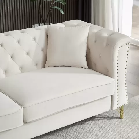 81.8 Chesterfield Sofa Grey Velvet For Living Room, 3 Seater Sofa Tufted Couch With Metal Foot And Nailhead For Living Room, Bedroom, Office, Apartment, Two Pillows 8
