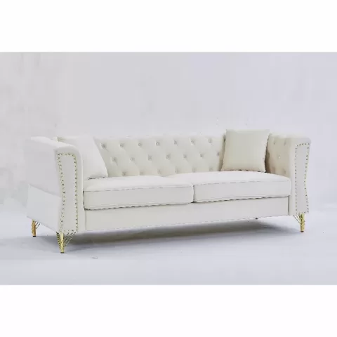 81.8 Chesterfield Sofa Grey Velvet For Living Room, 3 Seater Sofa Tufted Couch With Metal Foot And Nailhead For Living Room, Bedroom, Office, Apartment, Two Pillows 9