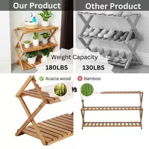 Acacia 3 Tiers Wooden Plants Stand Foldable Shoe Rack Multipurpose Shelf Perfect Idea For Living Room, Bedroom, Hallway, Bathroom Natural Color