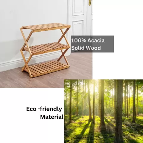 Acacia 3 Tiers Wooden Plants Stand Foldable Shoe Rack Multipurpose Shelf Perfect Idea For Living Room, Bedroom, Hallway, Bathroom Natural Color