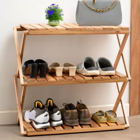 Acacia 3 Tiers Wooden Plants Stand Foldable Shoe Rack Multipurpose Shelf Perfect Idea For Living Room, Bedroom, Hallway, Bathroom Natural Color