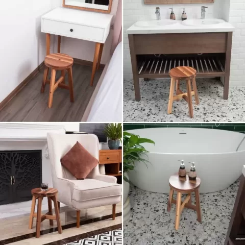 Acacia Wood Stool Round Top Chairs Best Ideas End Tables For Sofas Sub Stool For Living Room Bedside Strong Weight Capacity Upto 250 Lbs, Natural Color 2