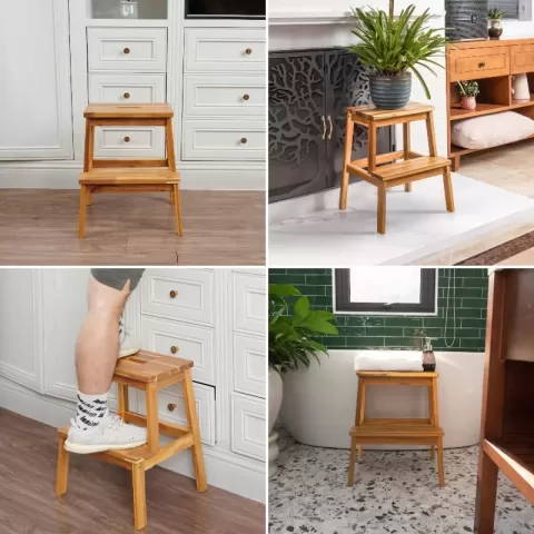 Acacia Wood Two Steps Stool Small Size Rectangle Top Best Ideas For Kitchen Living Room End Tables For Sofas Sub Stool For Living Room Bedside Strong Weight Capacity Upto 12
