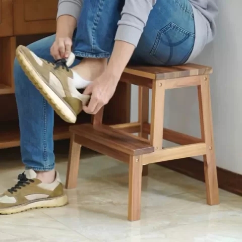 Acacia Wood Two Steps Stool Small Size Rectangle Top Best Ideas For Kitchen Living Room End Tables For Sofas Sub Stool For Living Room Bedside Strong Weight Capacity Upto 250 4