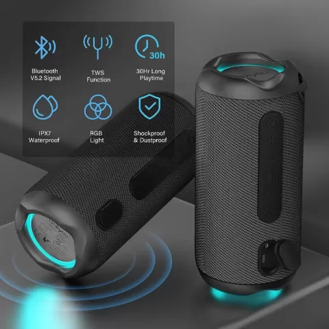 Bluetooth Speakers Portable Wireless Speaker with 30W Stereo Sound, Upgraded Portable Speaker Black, IPX7 Waterproof Shower Speaker, Playtime 30 Hours