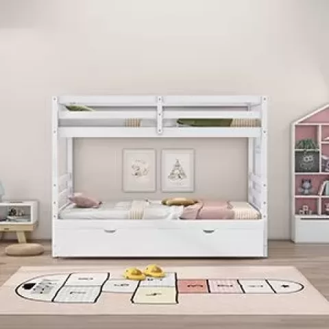 Twin over Pull-out Bunk Bed with Trundle, White