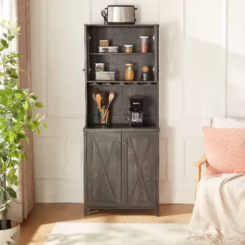 Coffee Bar Cabinet Kitchen Cabinet With Microwave Stand Metal Frame Side Home Source Bar Cabinet Cabinet And Hollow Out Barn Design Wood Cabinet L26.77''w15.75''h67.32'' 1