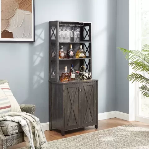 Coffee Bar Cabinet Kitchen Cabinet With Microwave Stand Metal Frame Side Home Source Bar Cabinet Cabinet And Hollow Out Barn Design Wood Cabinet L26.77''w15.75''h67.32'' 2