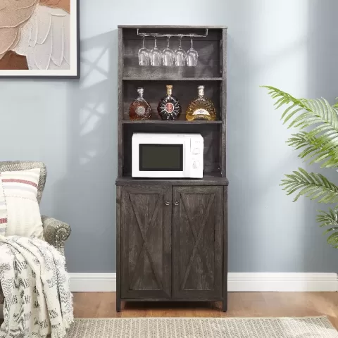 Coffee Bar Cabinet Kitchen Cabinet With Microwave Stand Metal Frame Side Home Source Bar Cabinet Cabinet And Hollow Out Barn Design Wood Cabinet L26.77''w15.75''h67.32'' 3