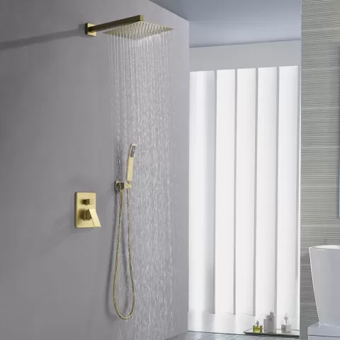 Complete Shower System with Rough-in Valve Faucet Modern Raincan 2-Setting Square Shower System Including Rain Shower Head and Handheld Spray Gold