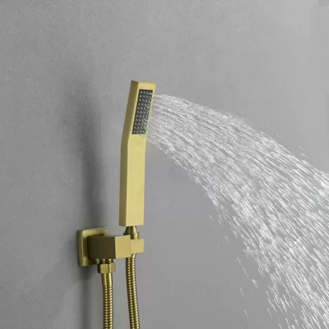 Complete Shower System with Rough-in Valve Faucet Modern Raincan 2-Setting Square Shower System Including Rain Shower Head and Handheld Spray Gold