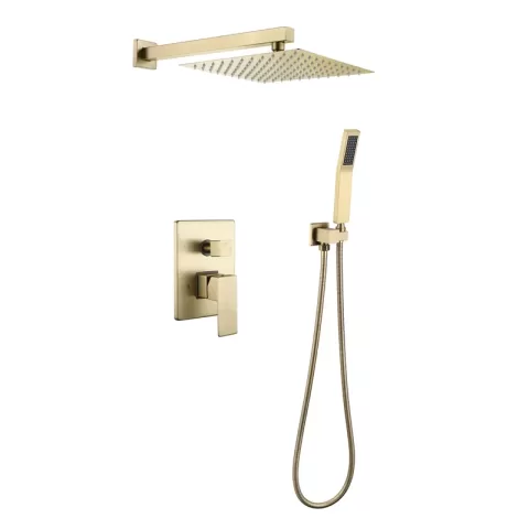 Complete Shower System with Rough-in Valve Faucet Modern Raincan 2-Setting Square Shower System Including Rain Shower Head and Handheld Spray Gold