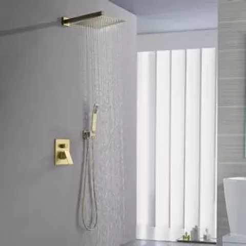 Complete Shower System with Rough-in Valve Faucet Modern Raincan 2-Setting Square Shower System Including Rain Shower Head and Handheld Spray Gold