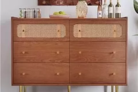 Dresser For Bedroom, Chest Of Drawers, 6 Drawer Dresser, Floor Storage Drawer Cabinet For Home Office, Drawer Chest Of Drawers Rattan Chest Of Drawers Highboard With 6 Drawers, Walnu