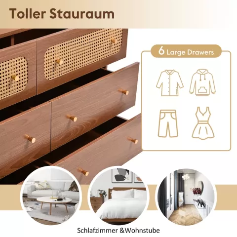 Dresser for Bedroom, Chest of Drawers, 6 Drawer Dresser, Floor Storage Drawer Cabinet for Home Office, Drawer chest of drawers rattan chest