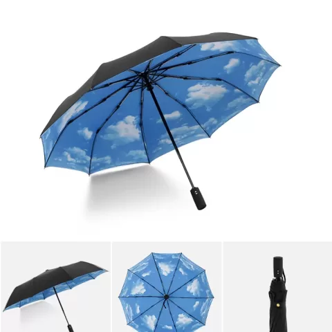 Flnorw Blue Sky And White Clouds Travel Umbrella Windproof Sunproof Sun Blocking Uv Proof Heat Proof Rain Proof Automatic Opening Automatic Folding Umbrella Compact 1