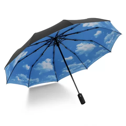 Flnorw Blue Sky And White Clouds Travel Umbrella Windproof Sunproof Sun Blocking Uv Proof Heat Proof Rain Proof Automatic Opening Automatic Folding Umbrella Compact