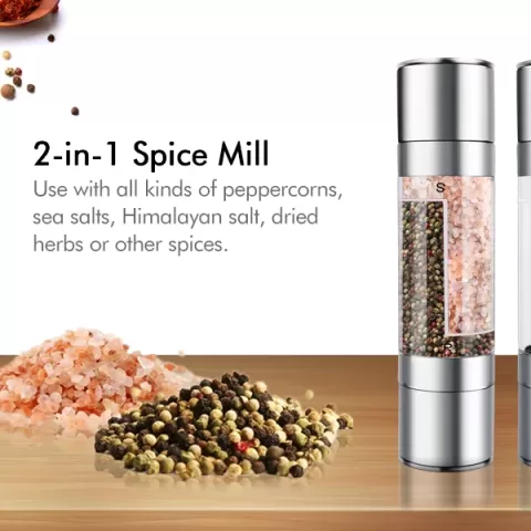 Flnorw Salt And Pepper Grinder 2 In 1 Manual Stainless Steel Salt Pepper Mill Herb Spice Grinder Shakers Refillable With And Clean Adjustable Coarseness Ceramic Rotor And Dual Clear Acrylic Chamber 13