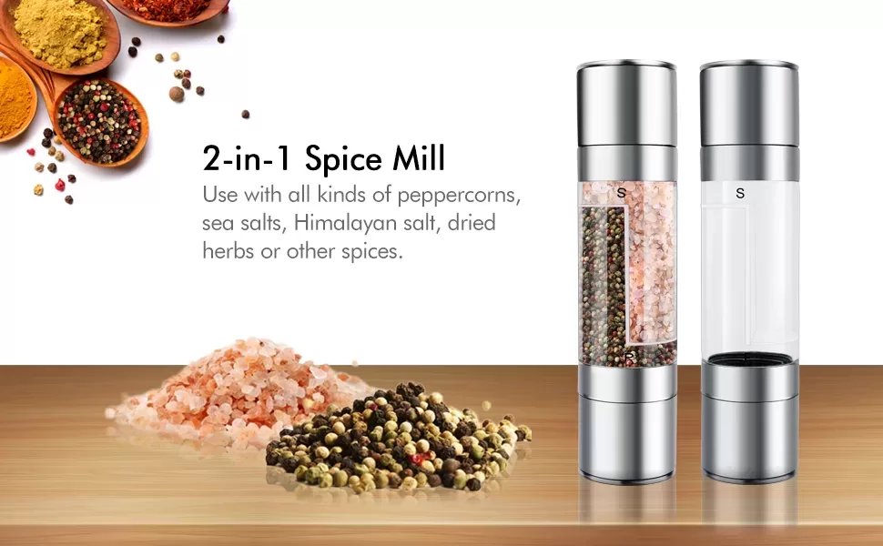 Flnorw Salt And Pepper Grinder 2 In 1 Manual Stainless Steel Salt Pepper Mill Herb Spice Grinder Shakers Refillable With And Clean Adjustable Coarseness Ceramic Rotor And Dual Clear Acrylic Chamber 13