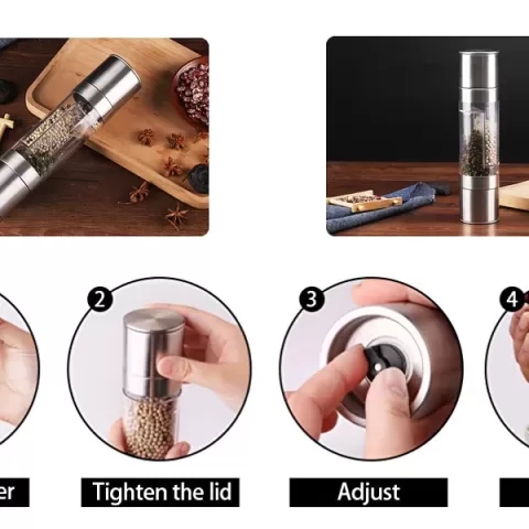 Flnorw Salt And Pepper Grinder 2 In 1 Manual Stainless Steel Salt Pepper Mill Herb Spice Grinder Shakers Refillable With And Clean Adjustable Coarseness Ceramic Rotor And Dual Clear Acrylic Chamber 17
