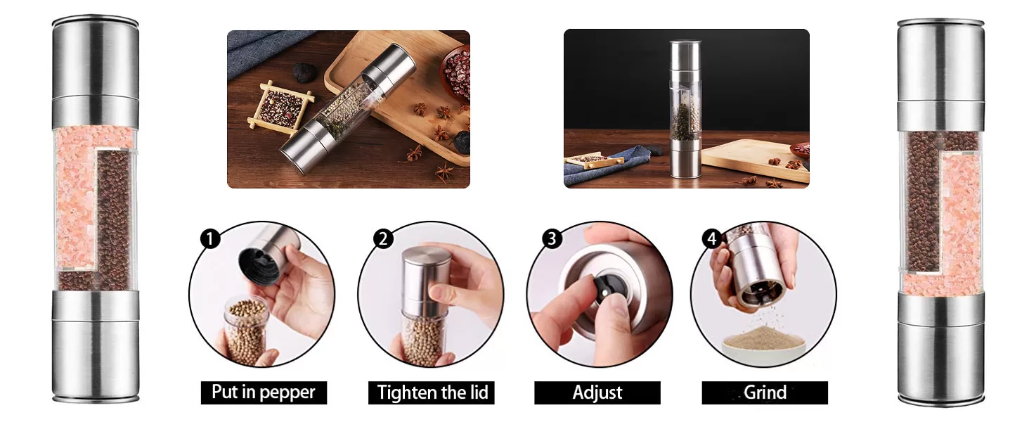 Flnorw Salt And Pepper Grinder 2 In 1 Manual Stainless Steel Salt Pepper Mill Herb Spice Grinder Shakers Refillable With And Clean Adjustable Coarseness Ceramic Rotor And Dual Clear Acrylic Chamber 17