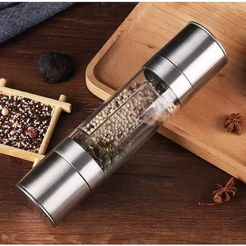 Flnorw Salt And Pepper Grinder 2 In 1 Manual Stainless Steel Salt Pepper Mill Herb Spice Grinder Shakers Refillable With And Clean Adjustable Coarseness Ceramic Rotor And Dual Clear Acrylic Chamber 18