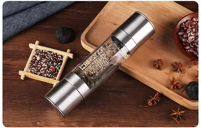 Flnorw Salt And Pepper Grinder 2 In 1 Manual Stainless Steel Salt Pepper Mill Herb Spice Grinder Shakers Refillable With And Clean Adjustable Coarseness Ceramic Rotor And Dual Clear Acrylic Chamber 18