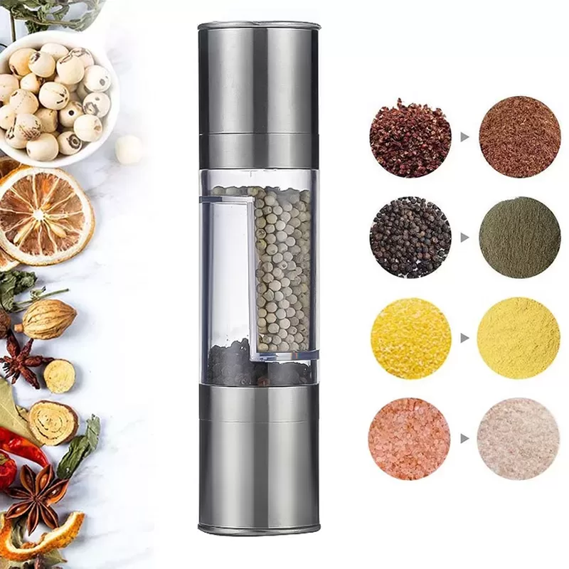 Flnorw Salt And Pepper Grinder 2 In 1 Manual Stainless Steel Salt Pepper Mill Herb Spice Grinder Shakers Refillable With And Clean Adjustable Coarseness Ceramic Rotor And Dual Clear Acrylic Chamber 20