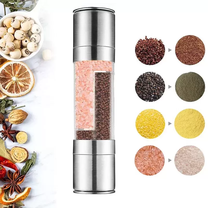 Flnorw Salt And Pepper Grinder 2 In 1 Manual Stainless Steel Salt Pepper Mill Herb Spice Grinder Shakers Refillable With And Clean Adjustable Coarseness Ceramic Rotor And Dual Clear Acrylic Chamber 21
