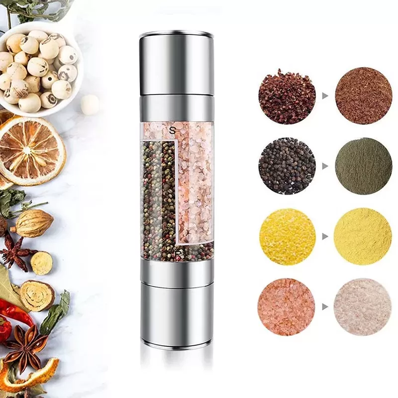 Flnorw Salt And Pepper Grinder 2 In 1 Manual Stainless Steel Salt Pepper Mill Herb Spice Grinder Shakers Refillable With And Clean Adjustable Coarseness Ceramic Rotor And Dual Clear Acrylic Chamber 22