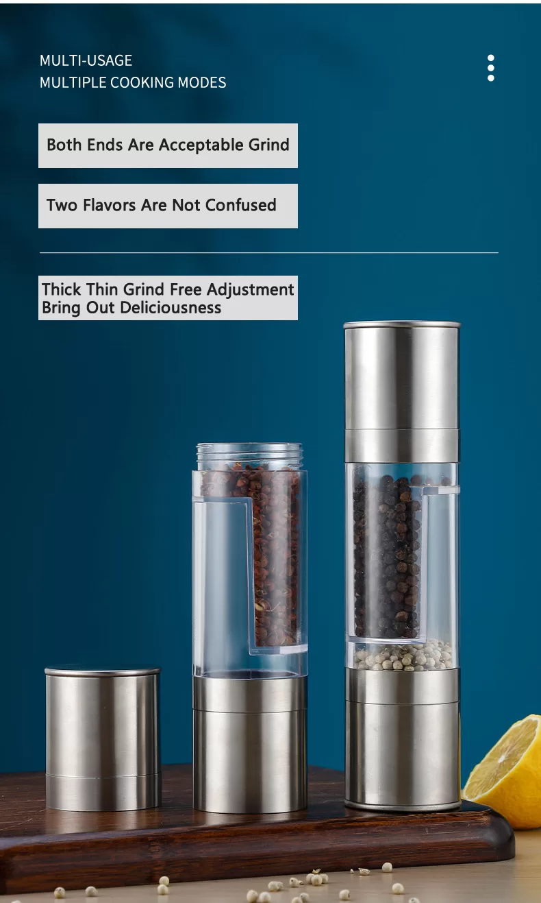 Flnorw Salt And Pepper Grinder 2 In 1 Manual Stainless Steel Salt Pepper Mill Herb Spice Grinder Shakers Refillable With And Clean Adjustable Coarseness Ceramic Rotor And Dual Clear Acrylic Chamber 5