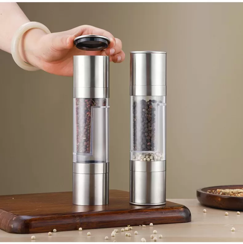 Flnorw Salt And Pepper Grinder 2 In 1 Manual Stainless Steel Salt Pepper Mill Herb Spice Grinder Shakers Refillable With And Clean Adjustable Coarseness Ceramic Rotor And Dual Clear Acrylic Chamber 8