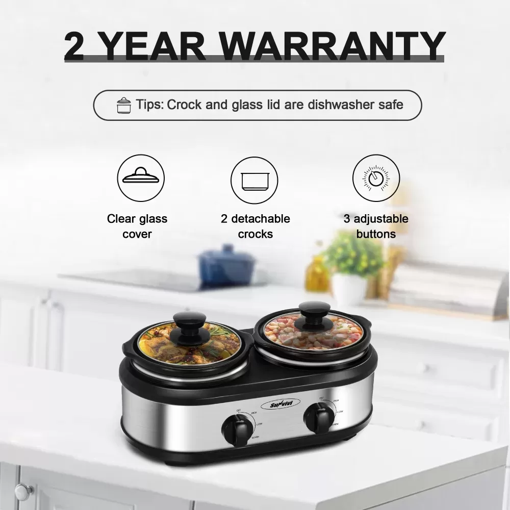 Factory Wholesale 2.5 Qt Silver Small Portable Twin Double Crockpot Slow Cooker For Buffet Kitchen 12