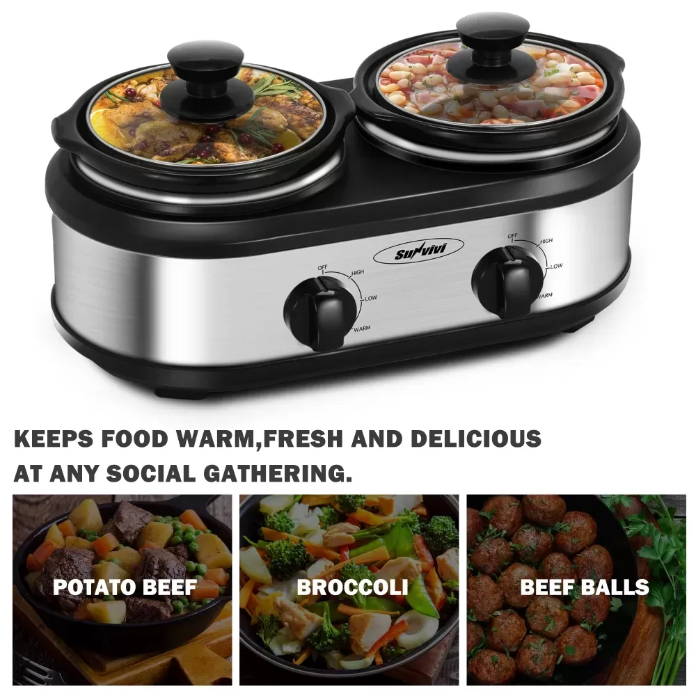 Factory Wholesale 2.5 Qt Silver Small Portable Twin Double Crockpot Slow Cooker For Buffet Kitchen 2