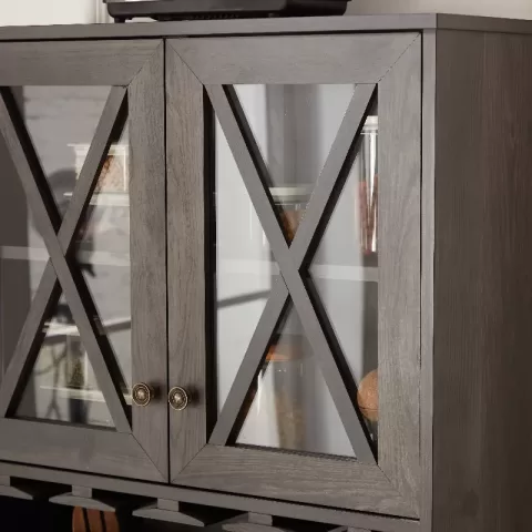 Farmhouse Bar Cabinet for Liquor and Glasses, Dining Room Kitchen Cabinet with Wine Rack, Sideboards Buffets Bar Cabinet