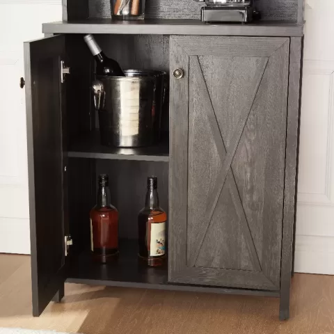 Farmhouse Bar Cabinet for Liquor and Glasses, Dining Room Kitchen Cabinet with Wine Rack, Sideboards Buffets Bar Cabinet