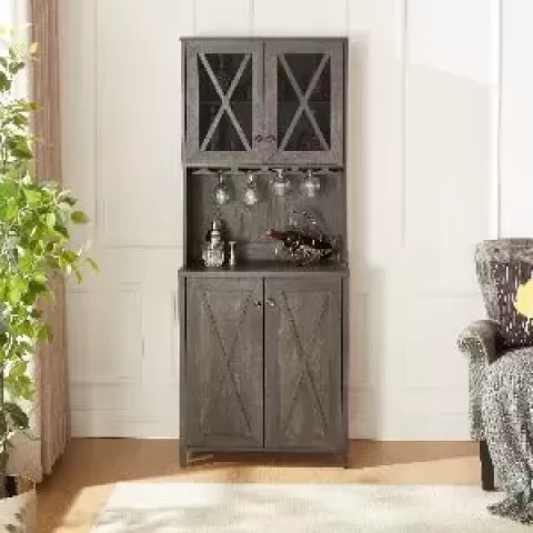 Farmhouse Bar Cabinet for Liquor and Glasses, Dining Room Kitchen Cabinet with Wine Rack, Sideboards Buffets Bar Cabinet