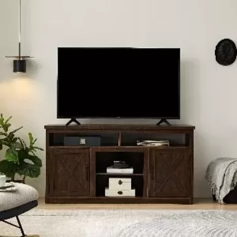 Farmhouse Barn door TV Media Stand Modern Entertainment Console for TV Up to 65" with Open and Closed Storage Space,Espresso L57.87*W15.75*H30.31