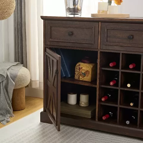 Farmhouse Buffet Cabinet With Storage Sideboard With 2 Drawers, Wine Bar Cabinet With Removable Wine Racks Storage Shelves, Liquor Coffee Bar Cupboard For Kitchen 1