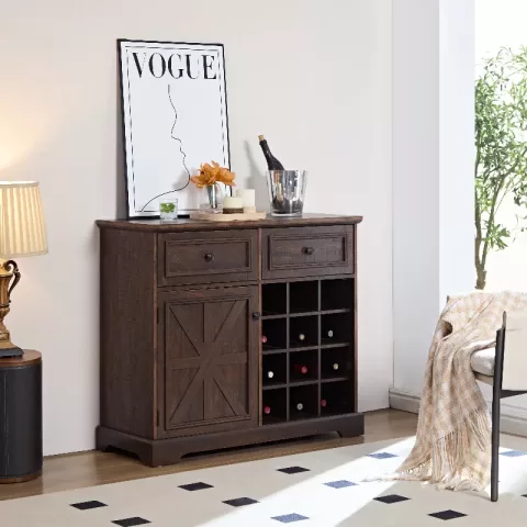 Farmhouse Buffet Cabinet With Storage Sideboard With 2 Drawers, Wine Bar Cabinet With Removable Wine Racks Storage Shelves, Liquor Coffee Bar Cupboard For Kitchen 3