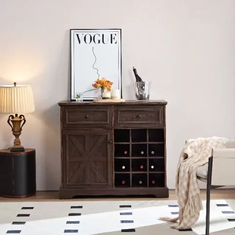 Farmhouse Buffet Cabinet With Storage Sideboard With 2 Drawers, Wine Bar Cabinet With Removable Wine Racks Storage Shelves, Liquor Coffee Bar Cupboard For Kitchen 4