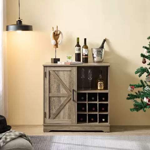 Farmhouse Coffee Bar Cabinet Bar Cabinet With Wine Rack Barn Door Buffet Sideboard Cabinet With Drawer, Adjustable Storage Shelves, Living Room, Dining Room 3